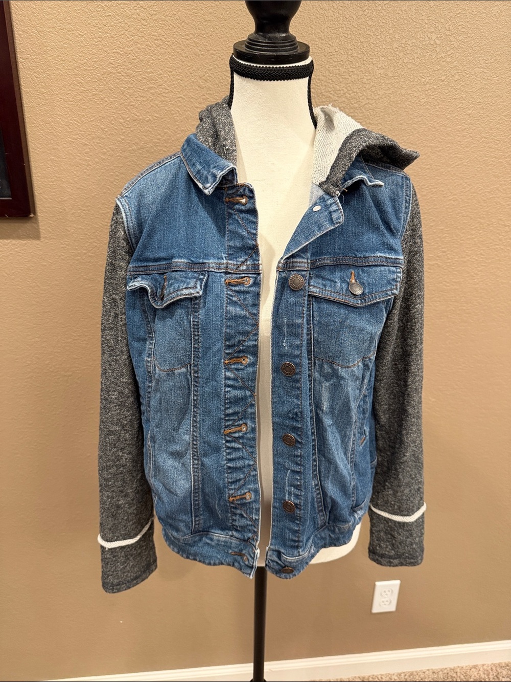 Massimo Blue Denim Jean Jacket with Gray Hoodie Sleeves